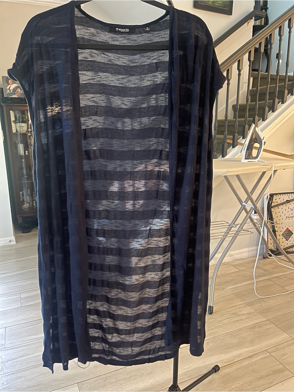 Saks Fifth Avenue Sheer Striped Navy Maxi Duster